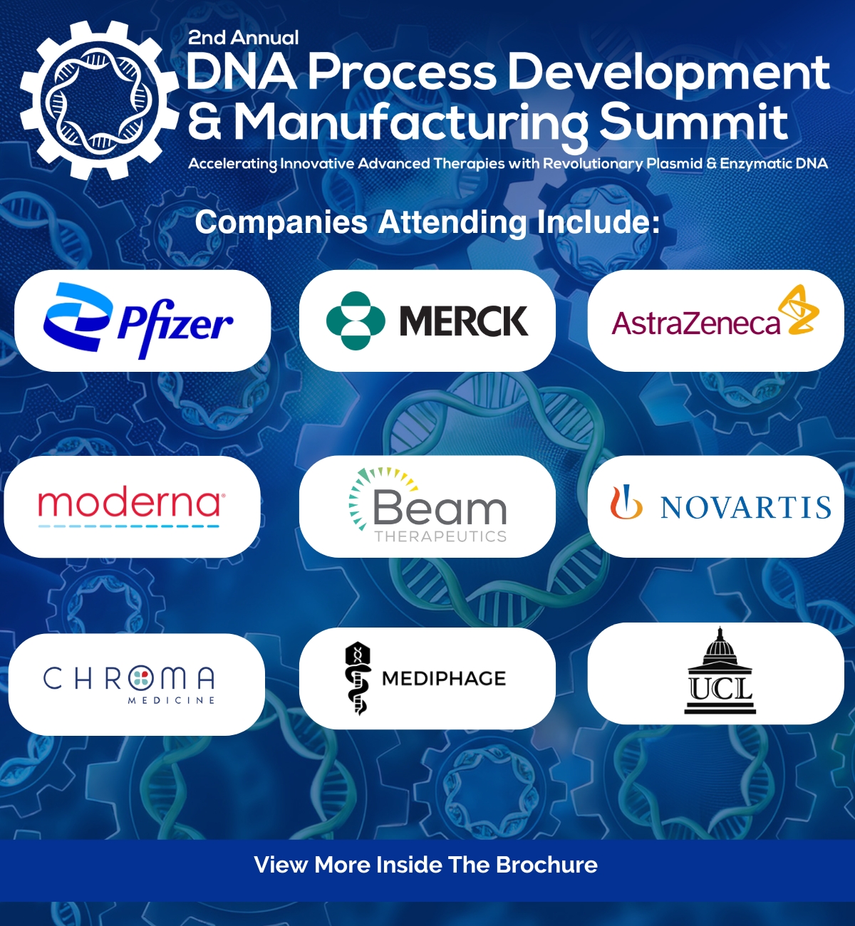 Companies on the Program for 2nd DNA Process Development & Manufacturing Summit include Pfizer, Merck, AstraZeneca, Moderna, Beam Therapeutics, Novartis, Chroma Medicine, Mediphage Bioceuticals, UCL